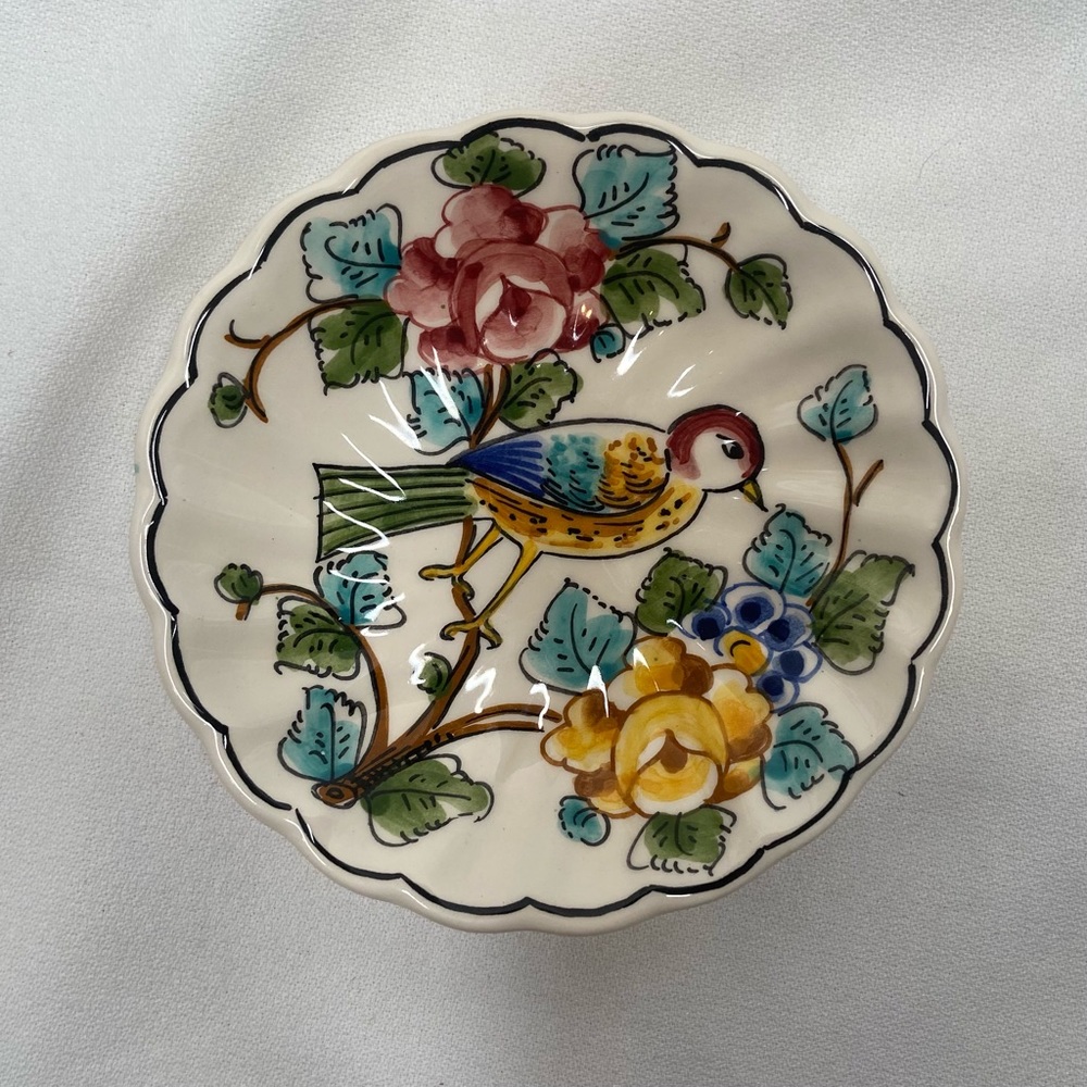 Hand Painted Portugal Bird Tea Plate Scallop Edge Signed Floral Tree Limb Small
